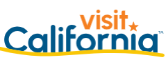Logo with the text "visit California" in blue and orange letters, featuring a yellow wave-like underline.